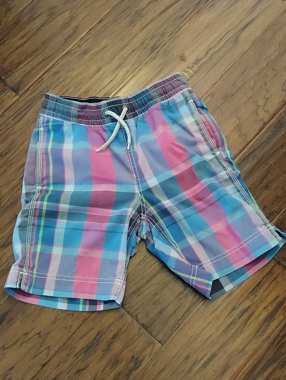 Gap Boys Plaid Swim Trunks Pink Blue Small 6/7